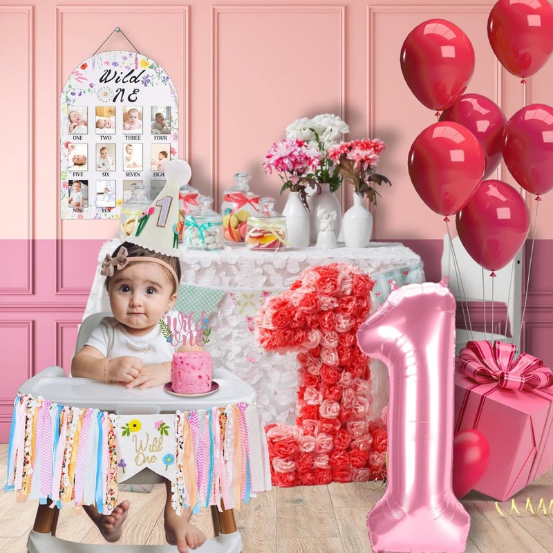 RANERVZ My First Year Photo Display Sign from 1-12 Months Wild One Flower Wooden Picture Frame for 1st Birthday Party Decorations Milestone Monthly Board for Girl One Birthday Nursery Decor Baby Keepsake Gift - Image 5
